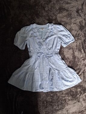 Light Blue Striped Girls' Wrap Dress with Ruffle Skirt